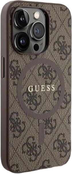 Etui plecki Guess 4G Collection Leather Metal Logo MagSafe do Apple iPhone 15 Pro Brown (3666339226480) - obraz 4