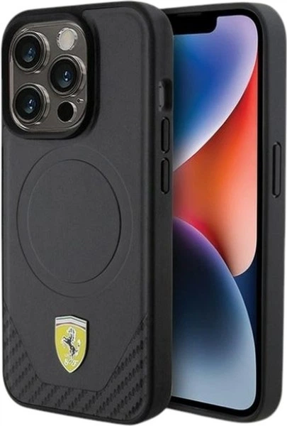 Etui Ferrari Carbon Metal Logo MagSafe do Apple iPhone 15 Pro Black (FEHMP15LPTEK) - obraz 1