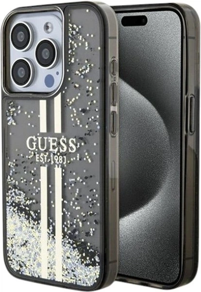 Панель Guess Liquid Glitter Gold Stripes для Apple iPhone 15 Pro Black (GUHCP15LLFCSEGK) - зображення 1