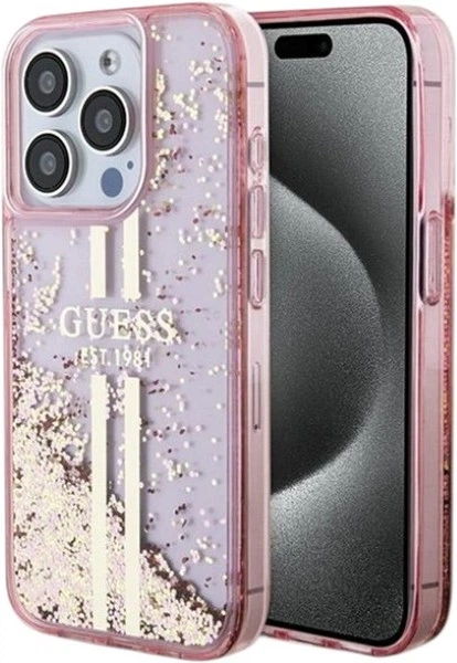 Панель Guess Liquid Glitter Gold Stripes для Apple iPhone 15 Pro Pink (GUHCP15LLFCSEGP) - зображення 1