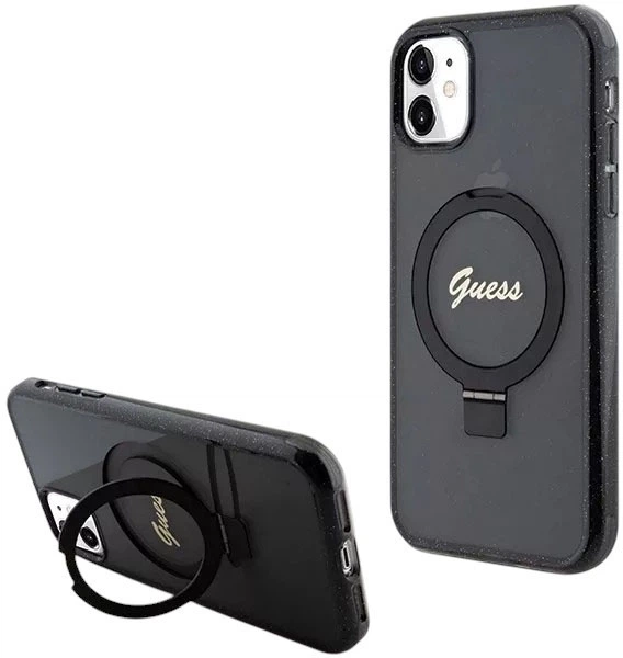 Etui plecki Guess Ring Stand Script Glitter MagSafe do Apple iPhone 11 Black (GUHMN61HRSGSK) - obraz 1