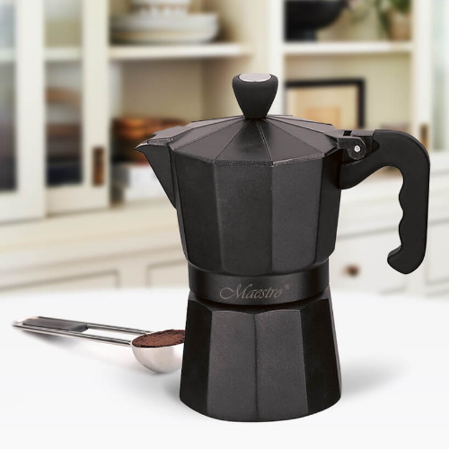 Кавоварка гейзерна 450мл (9 порцій) алюмінієва MR-1666-9-BLACK Espresso Moka Maestro - Фото 4 Кавоварка гейзерна 450мл (9 порцій) алюмінієва MR-1666-9-BLACK Espresso Moka Maestro - зображення 4