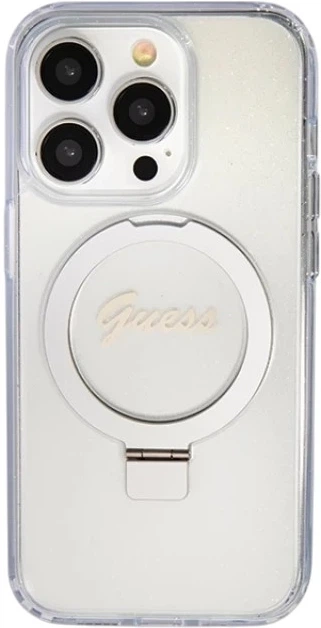 Etui plecki Guess Ring Stand Script Glitter MagSafe do Apple iPhone 15 Pro Transparent (3666339156626) - obraz 1