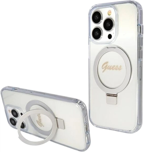 Etui plecki Guess Ring Stand Script Glitter MagSafe do Apple iPhone 15 Pro Transparent (3666339156626) - obraz 2