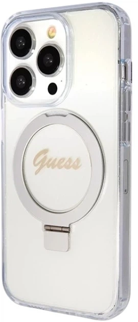 Etui plecki Guess Ring Stand Script Glitter MagSafe do Apple iPhone 15 Pro Transparent (3666339156626) - obraz 3