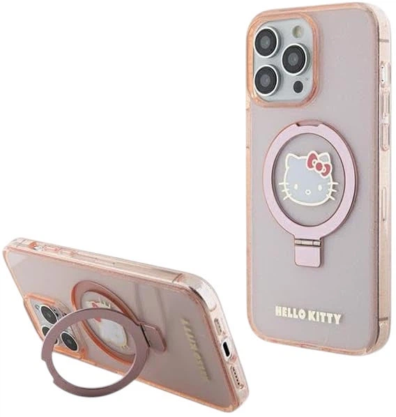 Etui plecki Hello Kitty Ring Stand Glitter Electrop Logo MagSafe do Apple iPhone 15 Pro Max Gold (HKHMP15XHRSGEP) - obraz 1