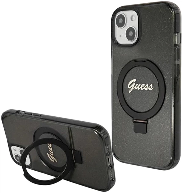 Панель Guess Ring Stand Script Glitter MagSafe для Apple iPhone 15 Plus/14 Plus Black (3666339156336) - зображення 2