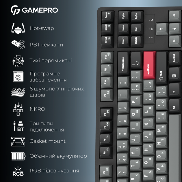 Клавиатура беспроводная GamePro Asgard Ragnar Keychron Super Red Switch Wireless/Bluetooth/USB Black (MK285BK) - Фото 18 Клавиатура беспроводная GamePro Asgard Ragnar Keychron Super Red Switch Wireless/Bluetooth/USB Black (MK285BK) - изображение 18