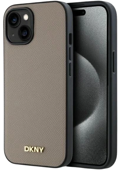 Etui DKNY Grained Metal Logo MagSafe do Apple iPhone 15 Beige (3666339264178) - obraz 1