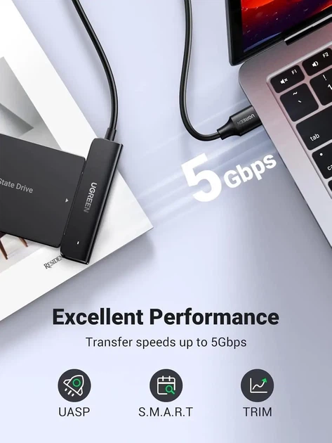 Адаптер UGREEN USB 3.0 – SATA 2.5" для SSD/HDD, зчитувач жорстких дисків, Plug & Play, підтримка UASP і TRIM, зовнішній конвертер - зображення 3
