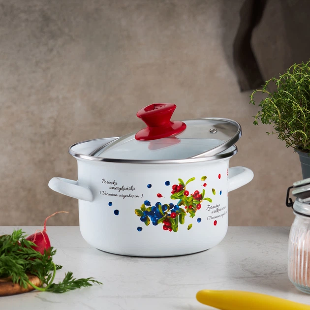 Каструля Emalia Olkusz Borówka емальована з кришкою Біло-червона 16 см 2 л (5904134611178) - зображення 2
