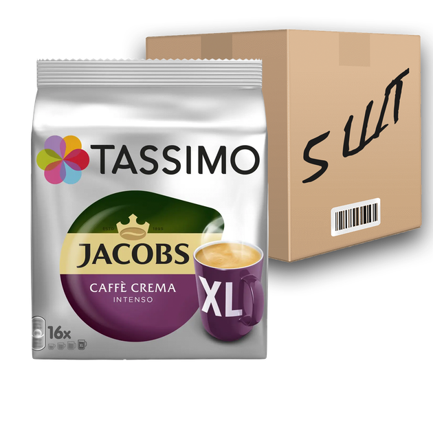 Кава в капсулах Jacobs Tassimo Crema intenso XL 16шт (ящик 5шт) - Фото 1 Кава в капсулах Jacobs Tassimo Crema intenso XL 16шт (ящик 5шт) - зображення 1