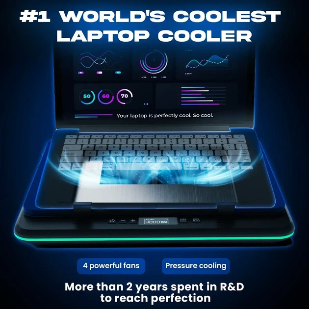 Охлаждающая подставка для ноутбука KLIM Turbofrost — 4 турбо вентилятора 4000 об/мин, RGB-подсветка, питание USB или сети - изображение 2