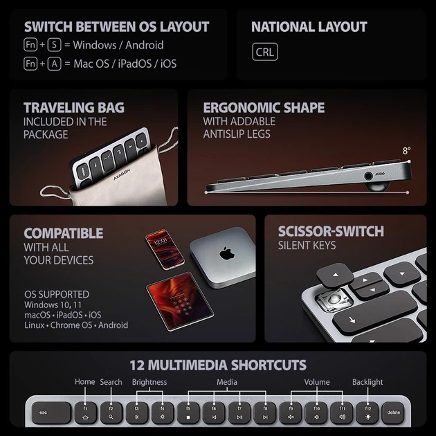 Клавіатура дротова Axagon HMC-KB 9 in 1 USB Silver/Black (HMC-KB-CRL) - зображення 12