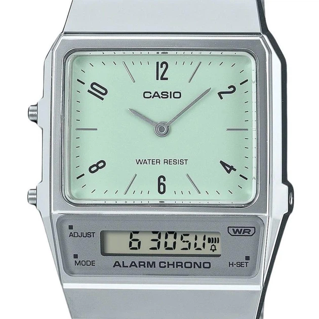 Унисекс часы Casio Vintage AQ-800E-3AEF — аналого-цифровые, зелёный циферблат, стальной браслет - изображение 2