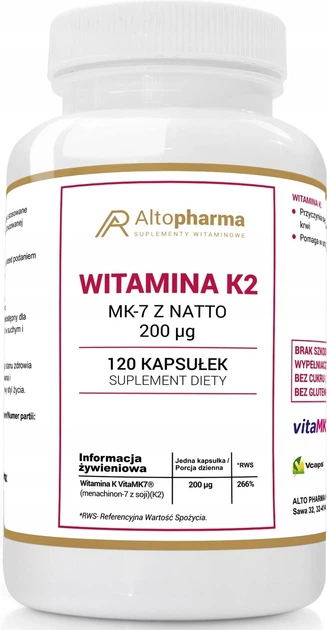Suplement diety Alto Pharma Witamina K2 MK-7 z Natto 200 µg 120 kapsułek (5903715549237) - obraz 1