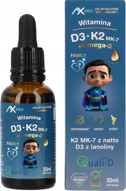 Suplement diety AX Med Witamina D3 + K2 MK-7 + Omega-3 Family w kroplach 30 ml (5901912288775) - obraz 1
