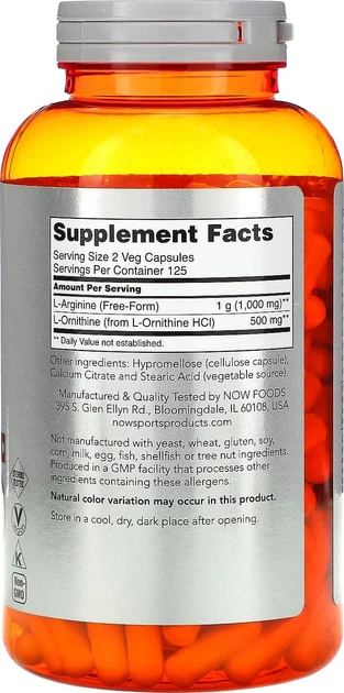 Дієтична добавка Now Foods Arginine 500 мг & Ornithine 250 мг 250 капсул (733739000422) - зображення 2