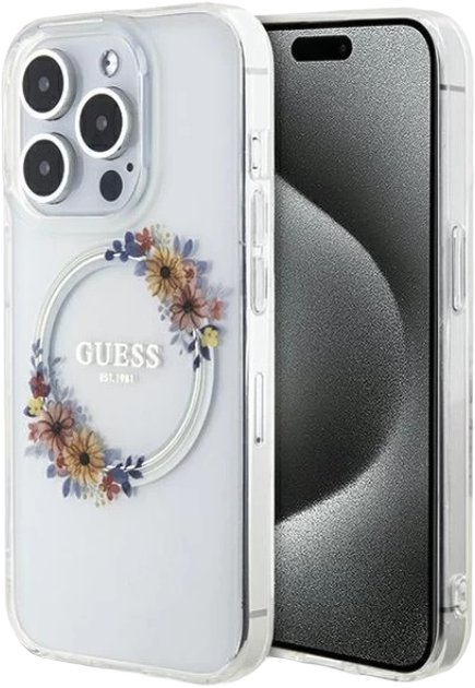 Etui plecki Guess IML Flowers Wreatch MagSafe do Apple iPhone 15 Pro Max Transperent (3666339221737) - obraz 1