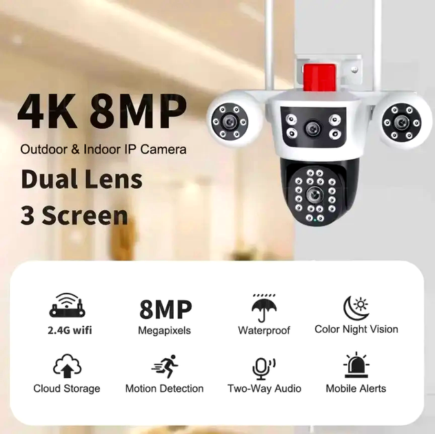 Вулична IP Wi-Fi 4MPx+4MPx IP66 2 незалежні об'єктиви камера відеоспостереження з віддаленним доступом NTC-3L-V88-WF (V380Pro) - Фото 2 Вулична IP Wi-Fi 4MPx+4MPx IP66 2 незалежні об'єктиви камера відеоспостереження з віддаленним доступом NTC-3L-V88-WF (V380Pro) - изображение 2