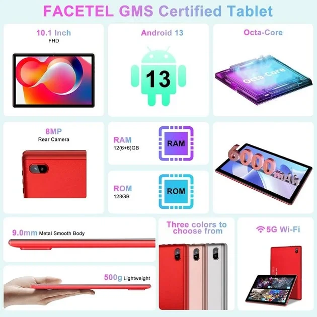 Планшет FACETEL Q6 10.1" (6+6)/128 ГБ / 4 ядра Android 13 6000 mAh Black-red - изображение 2