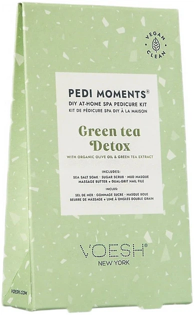 Набір для догляду за ногами Voesh Pedi Moments Green Tea Detox Морська сіль 35 г + Цукровий скраб 25 г + Грязьова маска 25 г + Масажне масло 15.5 г + Пилка для нігтів (818463023081) - зображення 1