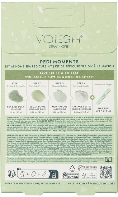 Набір для догляду за ногами Voesh Pedi Moments Green Tea Detox Морська сіль 35 г + Цукровий скраб 25 г + Грязьова маска 25 г + Масажне масло 15.5 г + Пилка для нігтів (818463023081) - зображення 2