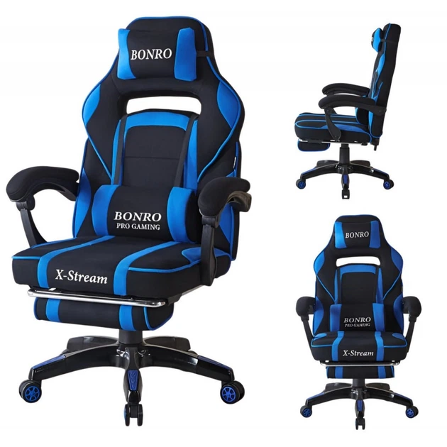 Крісло геймерське з тканини Bonro B-141 чорно-синє з підставкою