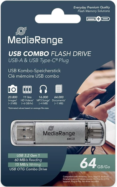 Флеш пам'ять USB MediaRange Combo Flash Drive 64GB USB 3.2 Gen1 + Type-C Silver (MR937) - зображення 2