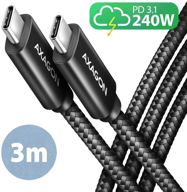 Kabel Axagon BUCM2-CM30AB USB-C - USB-C 2.0, PD 240W, 5A 3 m Black - obraz 2