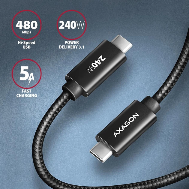 Kabel Axagon BUCM2-CM30AB USB-C - USB-C 2.0, PD 240W, 5A 3 m Black - obraz 4
