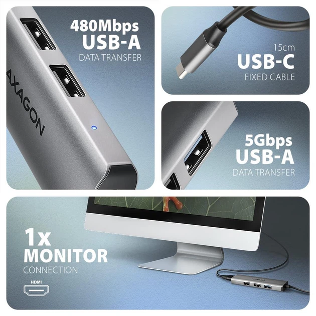 USB-хаб Axagon HMC-H3A USB-C 5Gbps STARTER 4in1 hub Grey - зображення 4