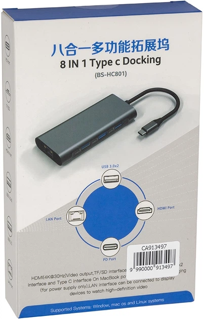 Adapter PowerPlant USB Type-C - 2 x USB 3.0, 1x USB 2.0, 1x Type C (PD), HDMI, SD, RJ45 (CA913497) - obraz 4