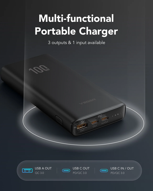УМБ Veger T100 20000 mAh 100W PD/QC3.0 Black (6970453555461) - зображення 2