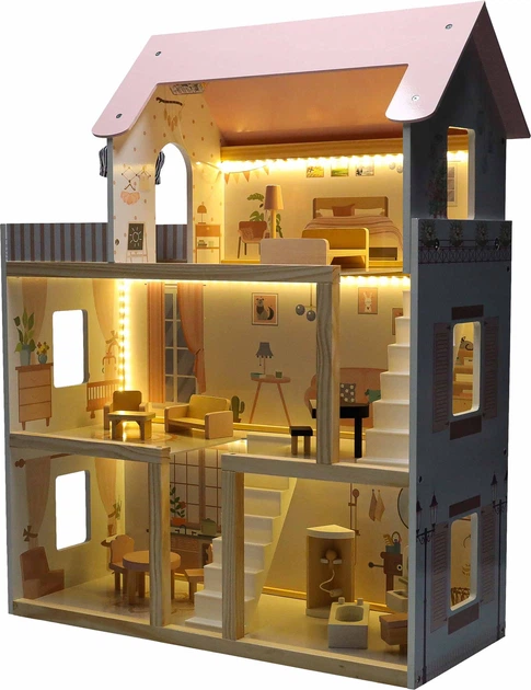 Domek dla lalek KIK drewniany Mebelki 78 cm Różowy LED (5903039763432) - obraz 8