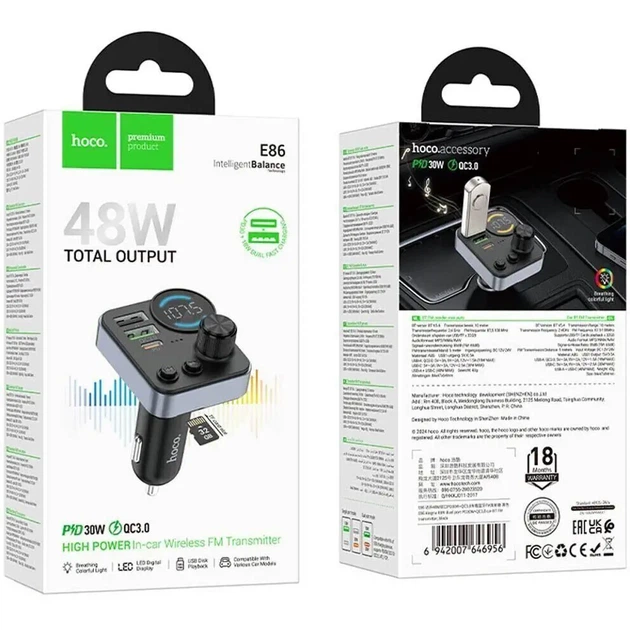 FM-модулятор Hoco E86, PD30W, QC3.0, BT5.4 - изображение 4