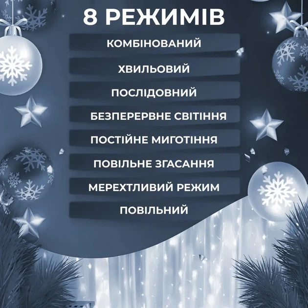 Гирлянда роса штора 3х3 метра 10 нитей 200 LED белый гирлянда штора на окно 8 режимов прозрачный провод - изображение 7