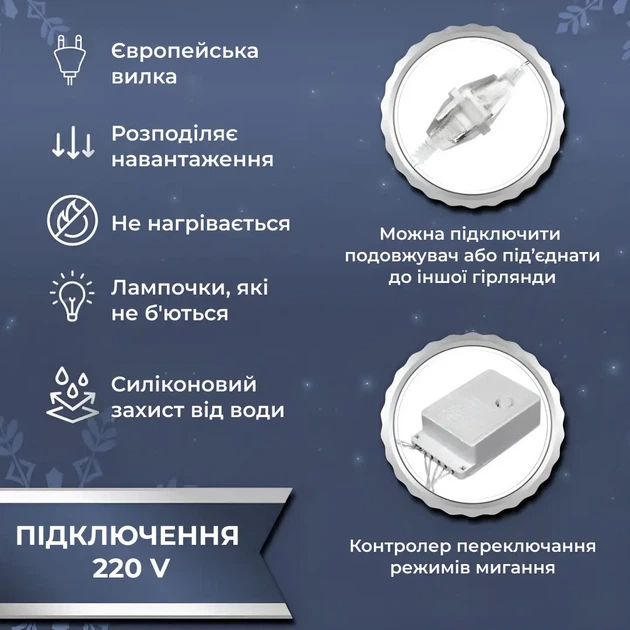 Гирлянда роса штора 3х3 метра 10 нитей 200 LED белый гирлянда штора на окно 8 режимов прозрачный провод - изображение 4