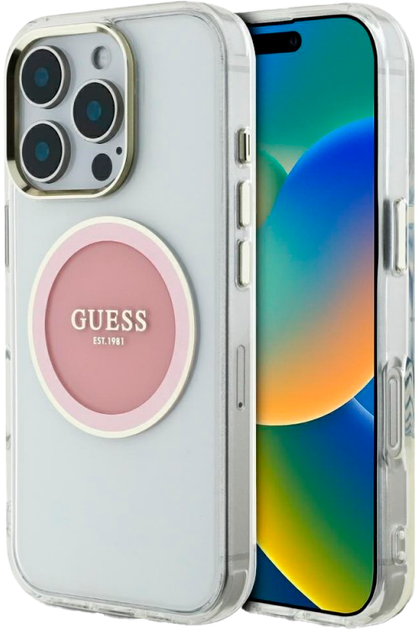 Панель Guess IML Metal Colored Circle Classic Logo MagSafe для Apple iPhone 16 Pro Transparent/Pink (3666339428594) - зображення 1