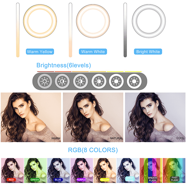 Кольцевая цветная светодиодная лампа 16см со штативом и с Bluetooth-пультом RGB100 Питание от USB - Фото 4 Кольцевая цветная светодиодная лампа 16см со штативом и с Bluetooth-пультом RGB100 Питание от USB - изображение 4
