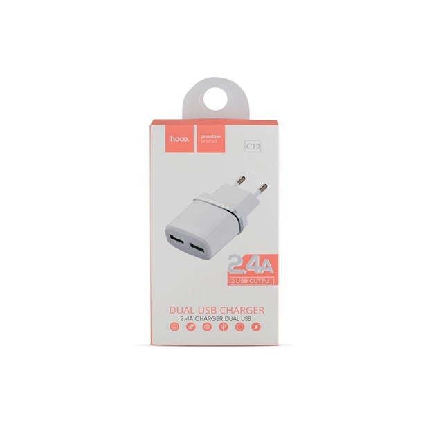 Мережевий зарядний пристрій HOCO C12 Smart dual USB charger 12W White - зображення 2