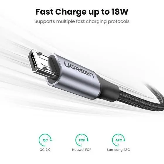 Кабель UGREEN US290 USB 2.0 A to Micro USB Cable Nickel Plating Aluminum Braid 2m (Black) (UGR-60148) - Фото 3 Кабель UGREEN US290 USB 2.0 A to Micro USB Cable Nickel Plating Aluminum Braid 2m (Black) (UGR-60148) - зображення 3