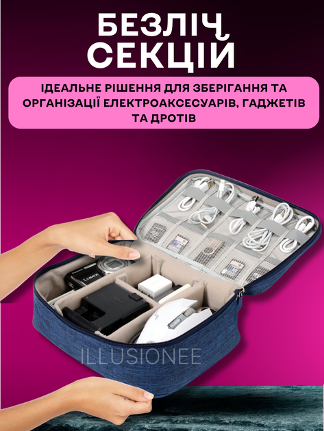 Органайзер дорожній сумка для зберігання електроніки аксесуарів ґаджетів кабелів зарядних пристроїв флешок перехідників павербанків навушників смартфонів комп’ютерних мишей подорожей 24х19х10 см синій 3DTOYSLAMP - зображення 5