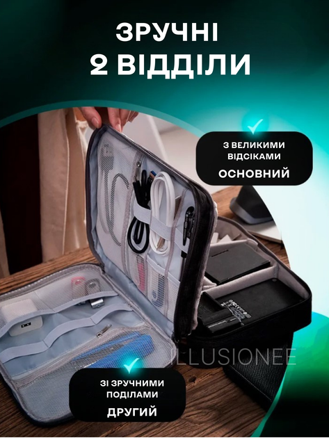 Органайзер дорожній сумка для зберігання електроніки аксесуарів ґаджетів кабелів зарядних пристроїв флешок перехідників павербанків навушників смартфонів комп’ютерних мишей подорожей 2-х секційний з 5 тримачами для проводів 27х20х10 см чорний 3DTOYSLAMP - зображення 5