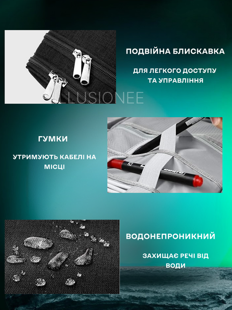 Органайзер дорожній сумка для зберігання електроніки аксесуарів ґаджетів кабелів зарядних пристроїв флешок перехідників павербанків навушників смартфонів комп’ютерних мишей подорожей 2-х секційний з 5 тримачами для проводів 27х20х10 см чорний 3DTOYSLAMP - зображення 11