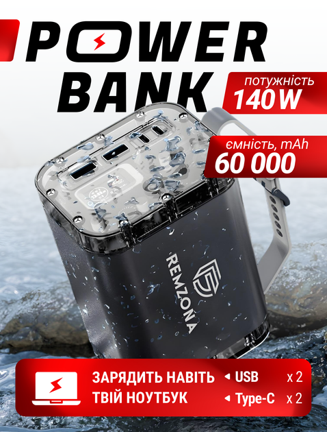 Повербанк для ноутбука 60000 mah 140W с быстрой зарядкой PD Quick Charge 3.0 Fast Charge хороший УМБ Remzona Exover 60X 2 USB-A 2 USB-C для телефона айфона роутера планшета макбука большой LED дисплей портативный мощный фонарик защита IP67 кабель 100W - изображение 13