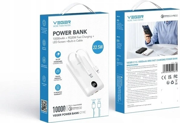 Powerbank Veger C11C 10000 mAh 22.5W White (6970453559872) - obraz 3