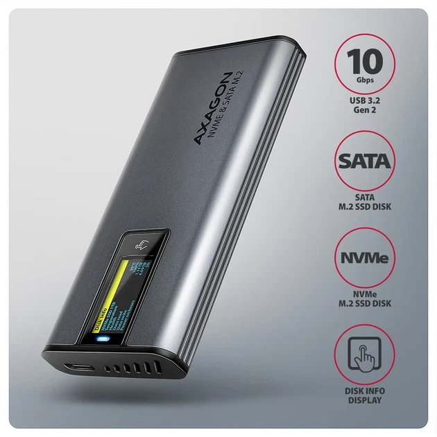 Zewnętrzna kieszeń Axagon EEM2-SD2 USB-C 10Gbps - M.2 NVMe & SATA SSD DISPLAY Grey - obraz 7