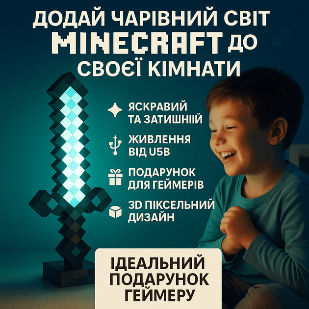 2025 Minecraft ночник Алмазный меч 39см My World 3D светильник/LED/сьемный/питание USB - Фото 2 2025 Minecraft ночник Алмазный меч 39см My World 3D светильник/LED/сьемный/питание USB - изображение 2