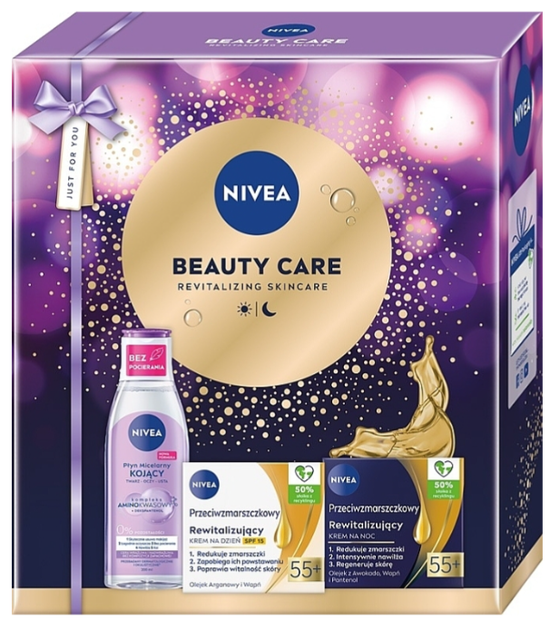 Набір для догляду за обличчям Nivea Beauty Care 2025 Міцелярна вода 200 мл + Крем денний SPF 15 55+ 50 мл + Крем нічний 55+ 50 мл (9005800395005) - зображення 1